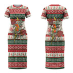 Aussie Sun Parakeet Christmas Couples Matching Short Sleeve Bodycon Dress and Hawaiian Shirt Festive Knitted Pattern Inspired