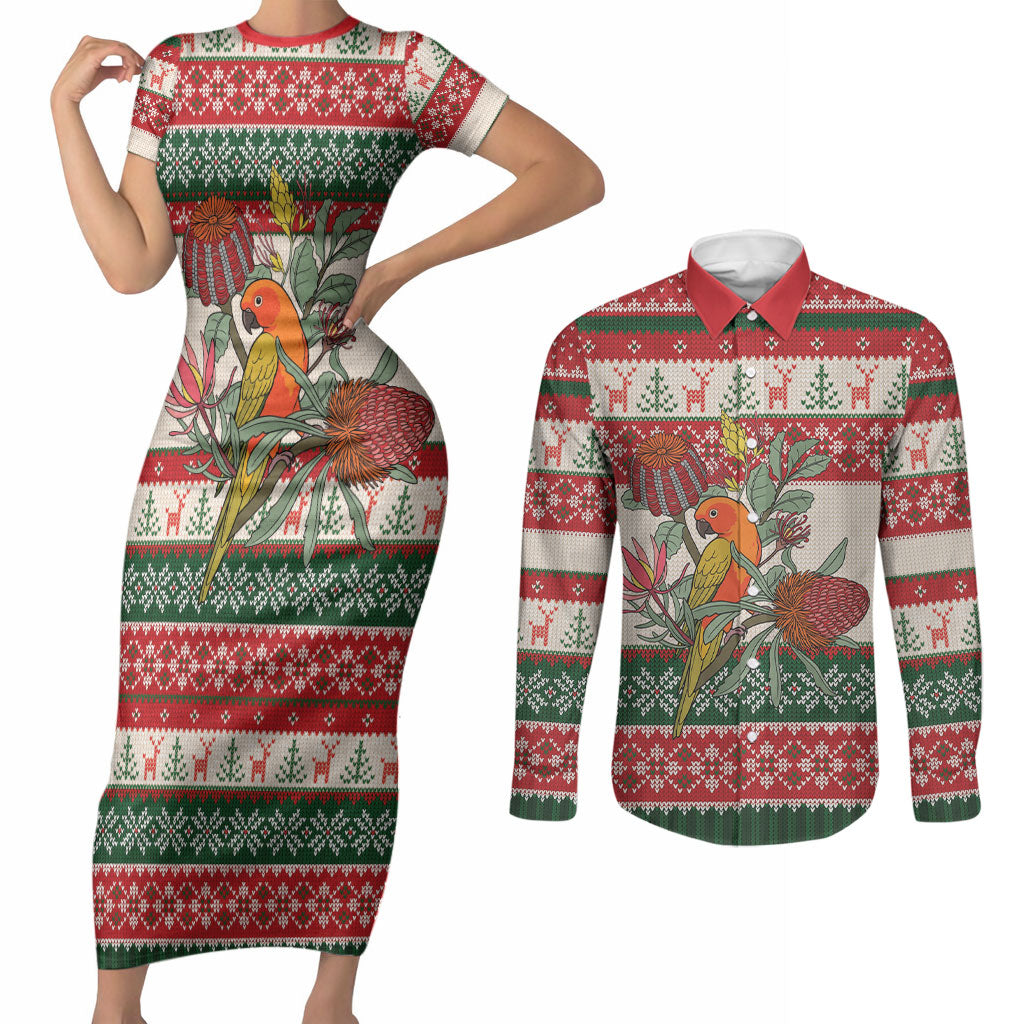 Aussie Sun Parakeet Christmas Couples Matching Short Sleeve Bodycon Dress and Long Sleeve Button Shirt Festive Knitted Pattern Inspired
