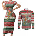Aussie Sun Parakeet Christmas Couples Matching Short Sleeve Bodycon Dress and Long Sleeve Button Shirt Festive Knitted Pattern Inspired