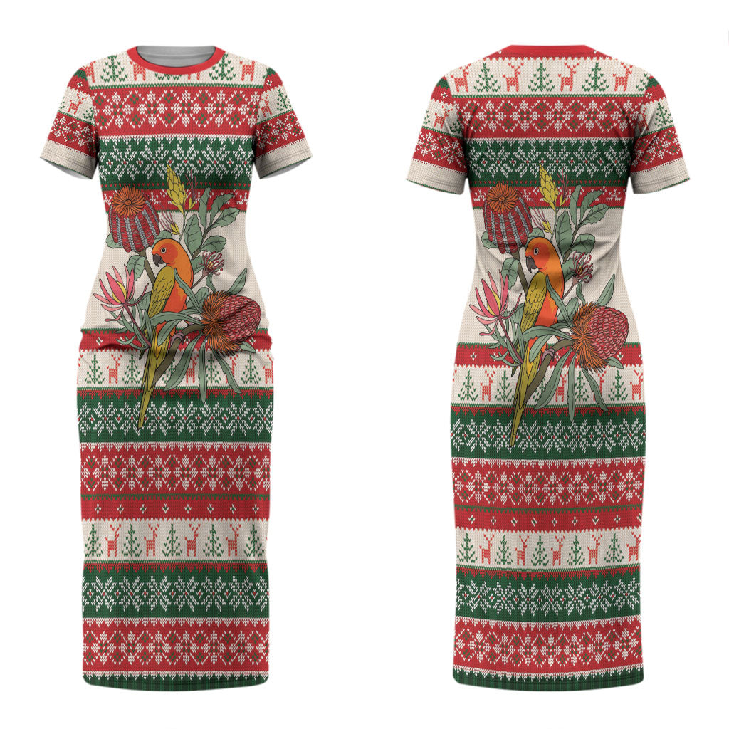 Aussie Sun Parakeet Christmas Couples Matching Short Sleeve Bodycon Dress and Long Sleeve Button Shirt Festive Knitted Pattern Inspired