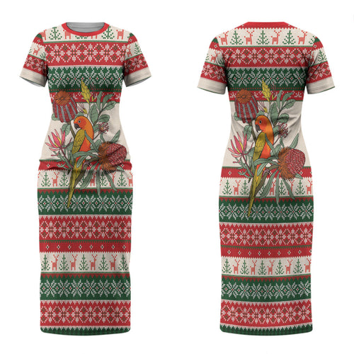 Aussie Sun Parakeet Christmas Couples Matching Short Sleeve Bodycon Dress and Long Sleeve Button Shirt Festive Knitted Pattern Inspired