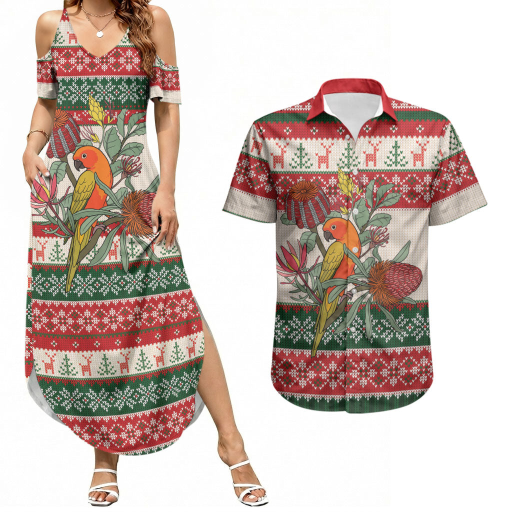 Aussie Sun Parakeet Christmas Couples Matching Summer Maxi Dress and Hawaiian Shirt Festive Knitted Pattern Inspired