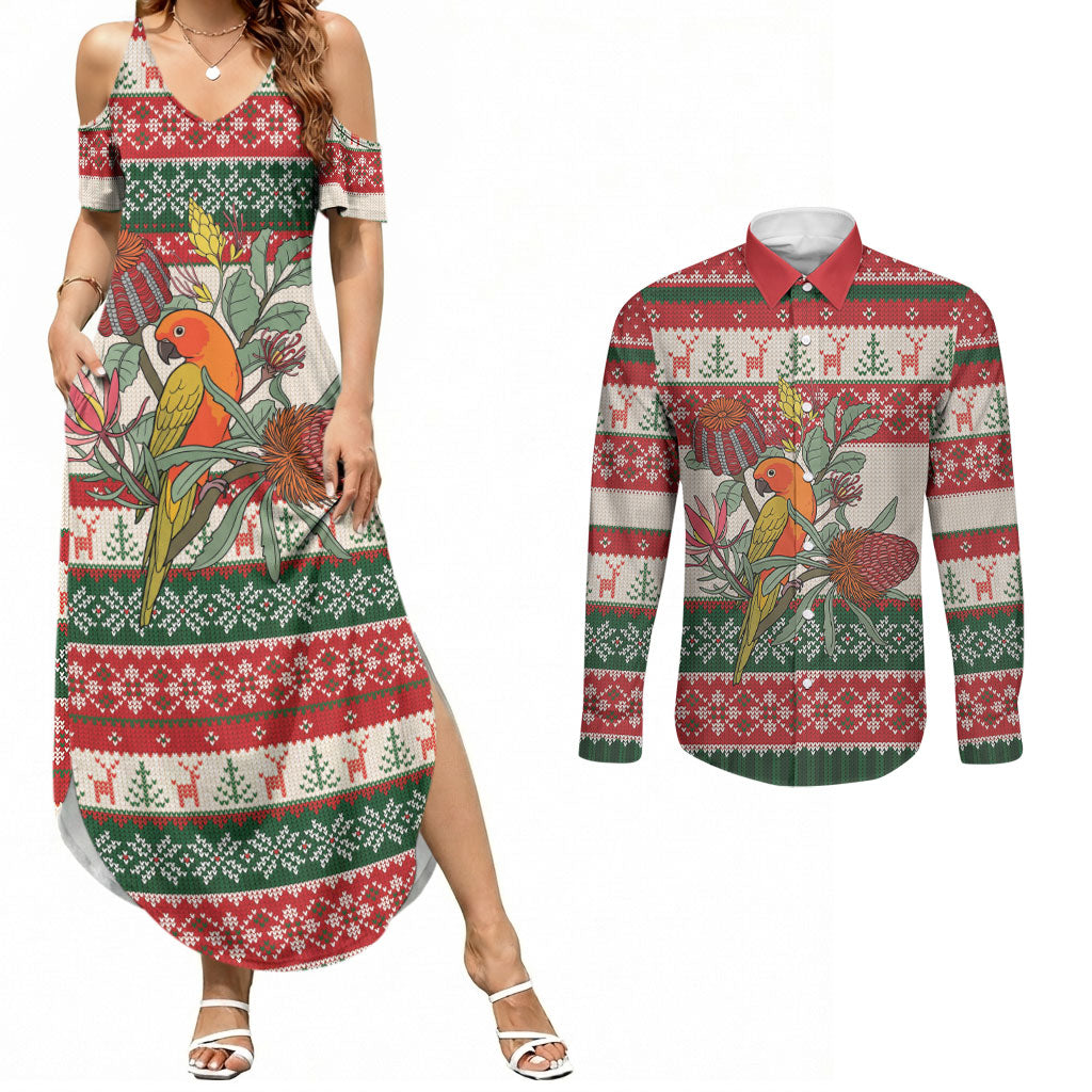 Aussie Sun Parakeet Christmas Couples Matching Summer Maxi Dress and Long Sleeve Button Shirt Festive Knitted Pattern Inspired