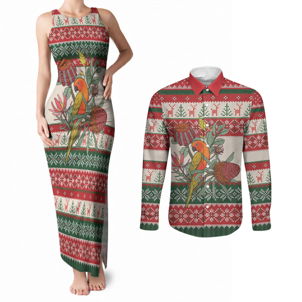 Aussie Sun Parakeet Christmas Couples Matching Tank Maxi Dress and Long Sleeve Button Shirt Festive Knitted Pattern Inspired