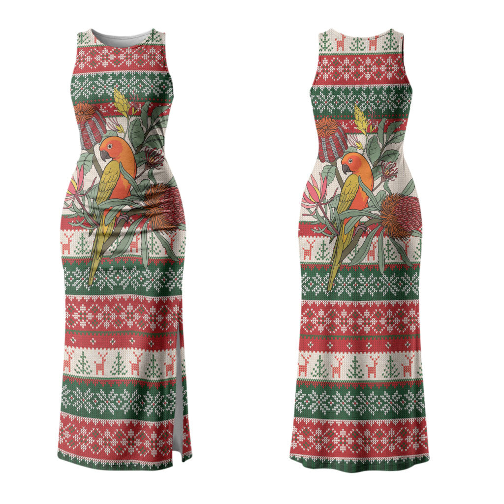 Aussie Sun Parakeet Christmas Couples Matching Tank Maxi Dress and Long Sleeve Button Shirt Festive Knitted Pattern Inspired