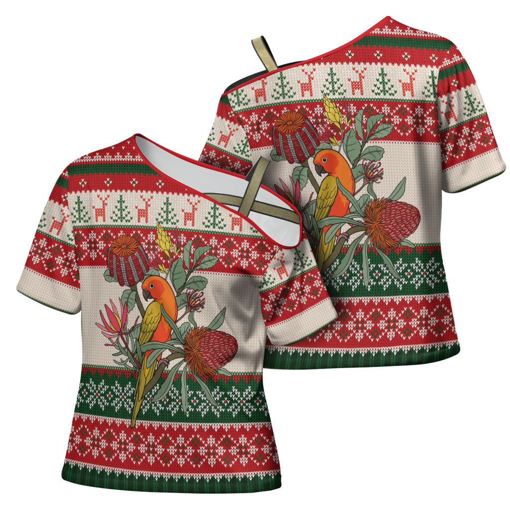 Aussie Sun Parakeet Christmas Cross Shoulder Shirt Festive Knitted Pattern Inspired