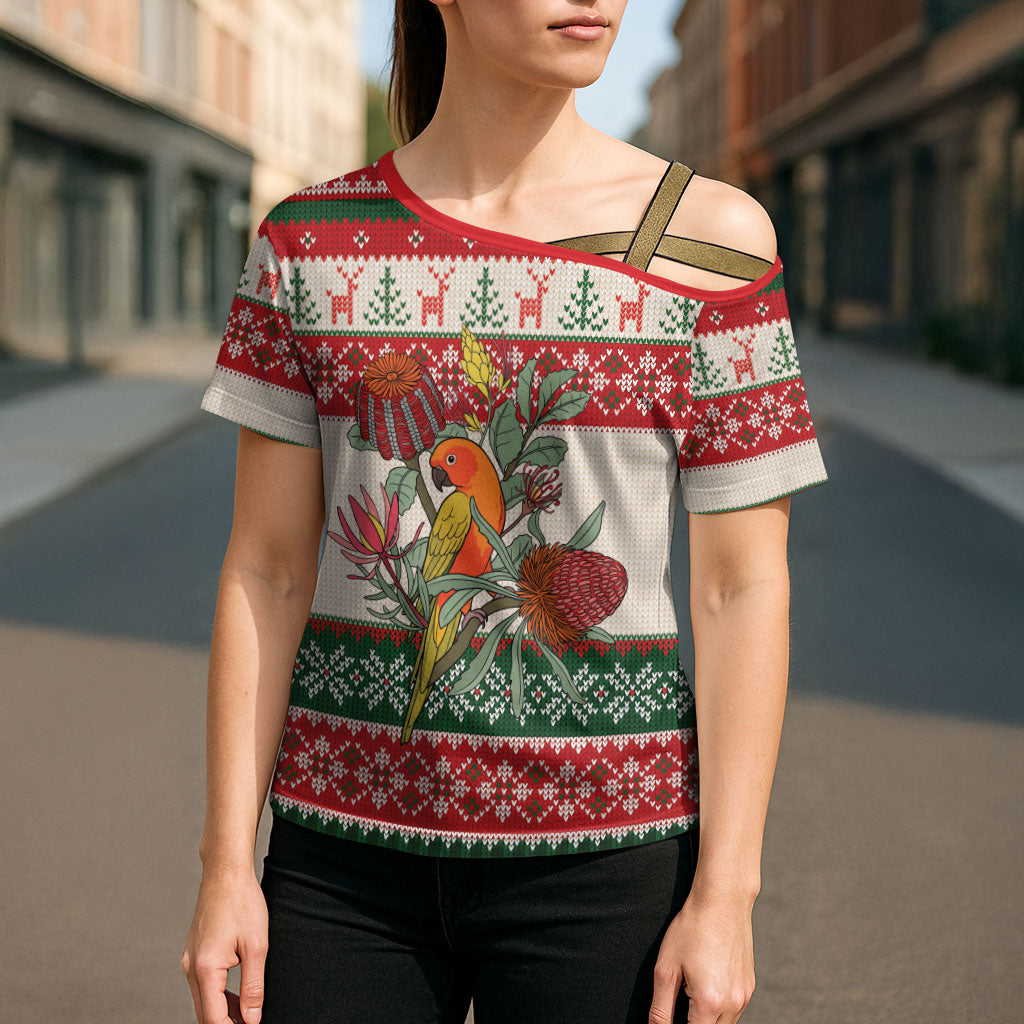 Aussie Sun Parakeet Christmas Cross Shoulder Shirt Festive Knitted Pattern Inspired