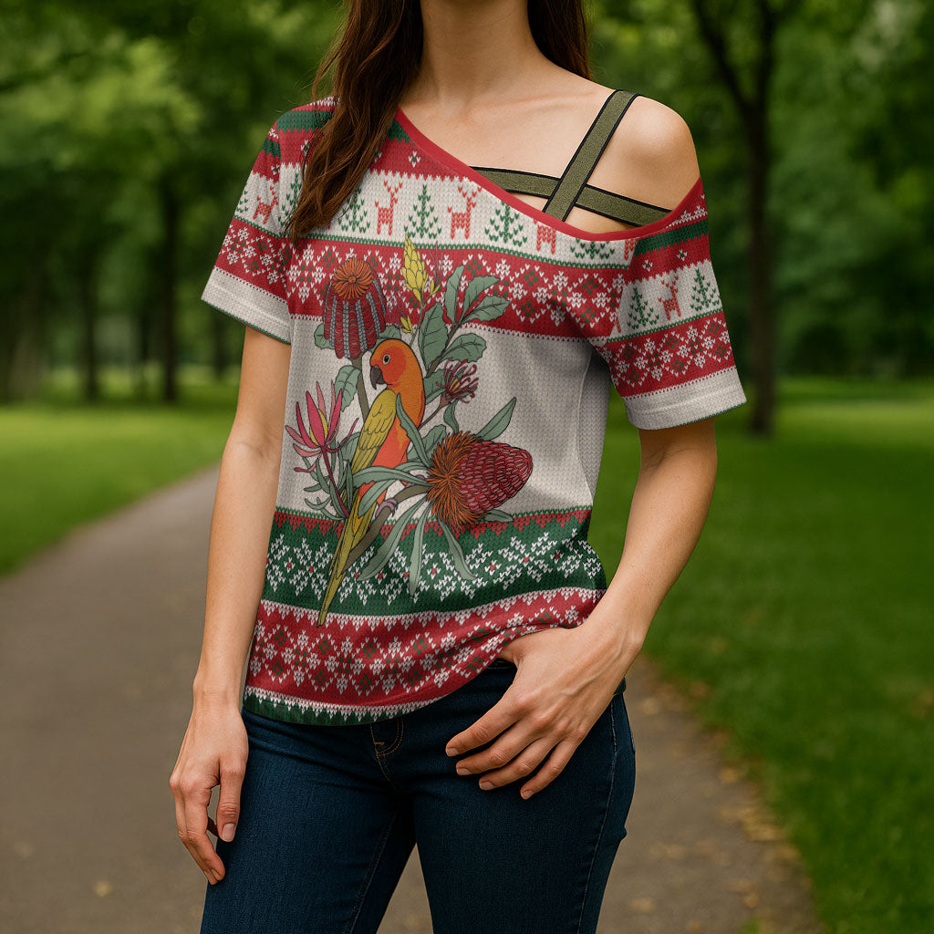 Aussie Sun Parakeet Christmas Cross Shoulder Shirt Festive Knitted Pattern Inspired