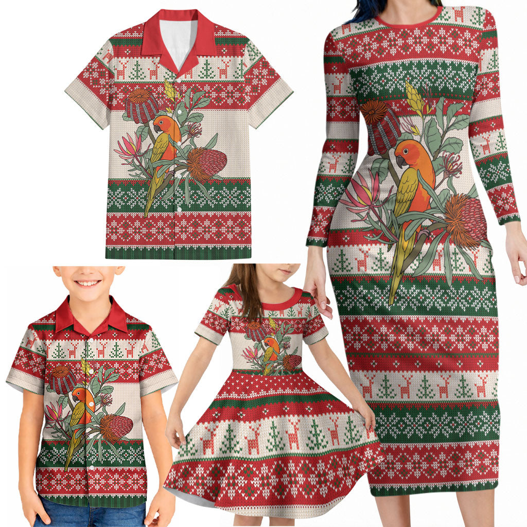 Aussie Sun Parakeet Christmas Family Matching Long Sleeve Bodycon Dress and Hawaiian Shirt Festive Knitted Pattern Inspired