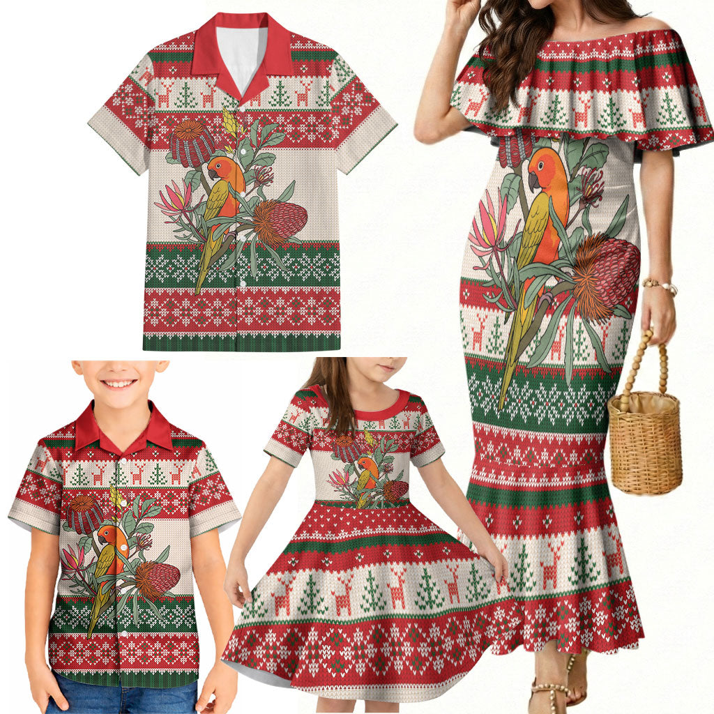 Aussie Sun Parakeet Christmas Family Matching Mermaid Dress and Hawaiian Shirt Festive Knitted Pattern Inspired