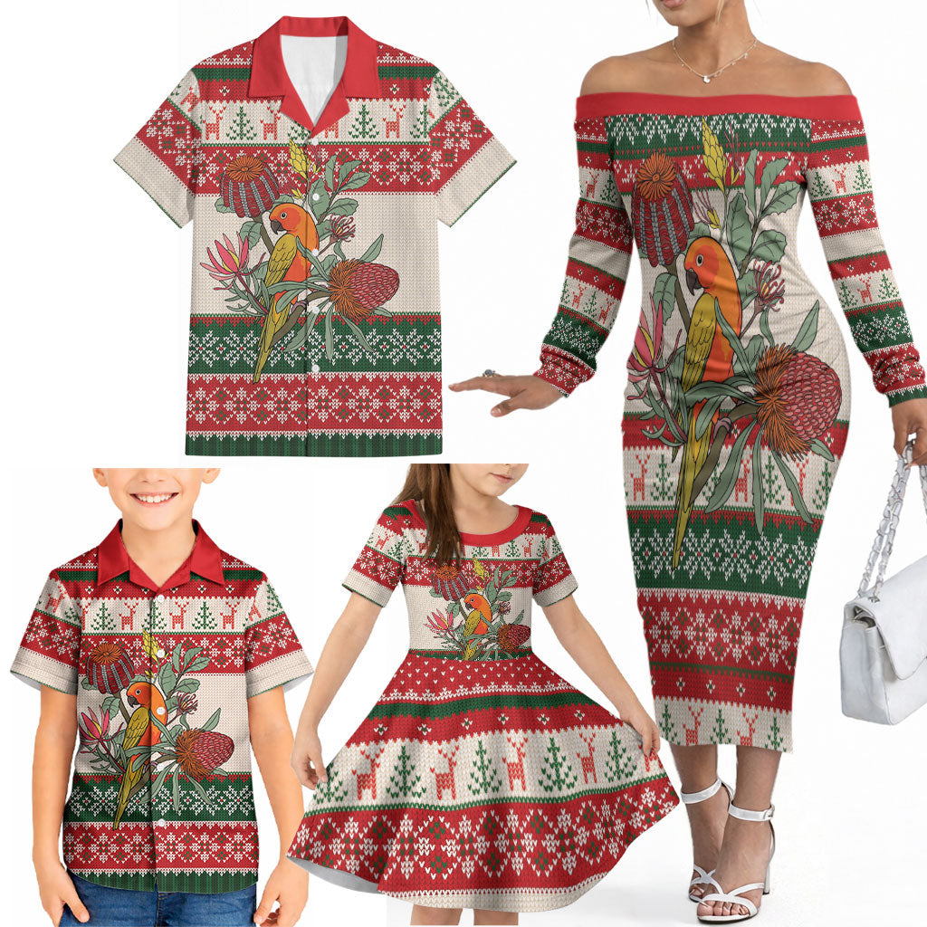 Aussie Sun Parakeet Christmas Family Matching Off The Shoulder Long Sleeve Dress and Hawaiian Shirt Festive Knitted Pattern Inspired