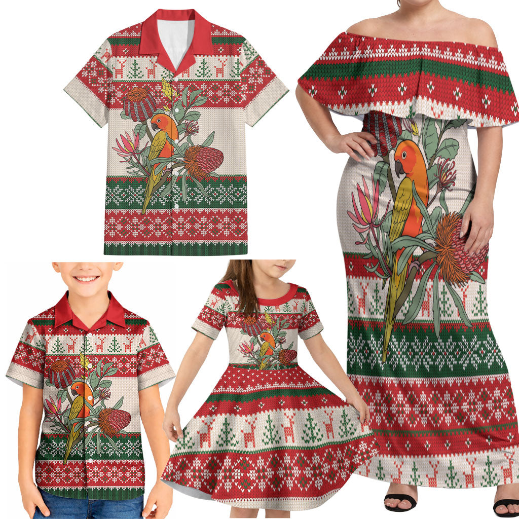 Aussie Sun Parakeet Christmas Family Matching Off Shoulder Maxi Dress and Hawaiian Shirt Festive Knitted Pattern Inspired