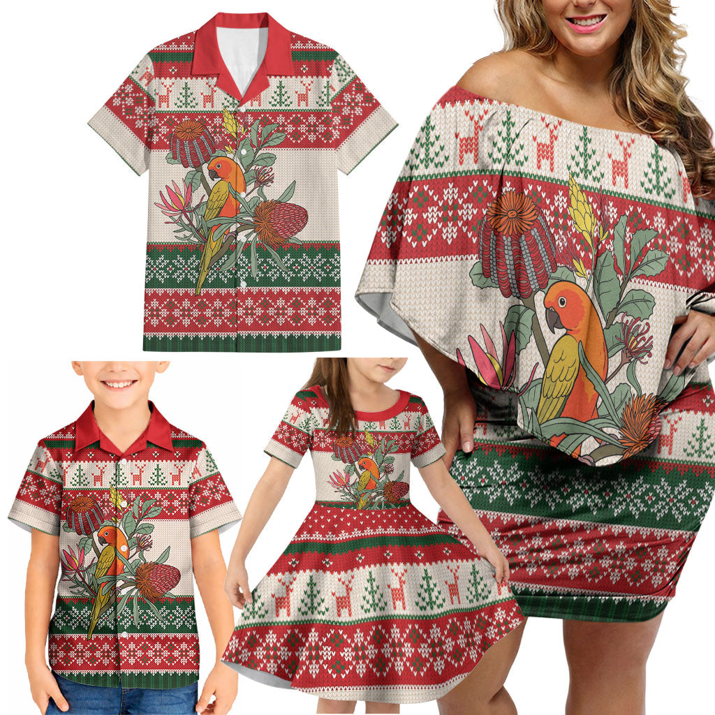 Aussie Sun Parakeet Christmas Family Matching Off Shoulder Short Dress and Hawaiian Shirt Festive Knitted Pattern Inspired