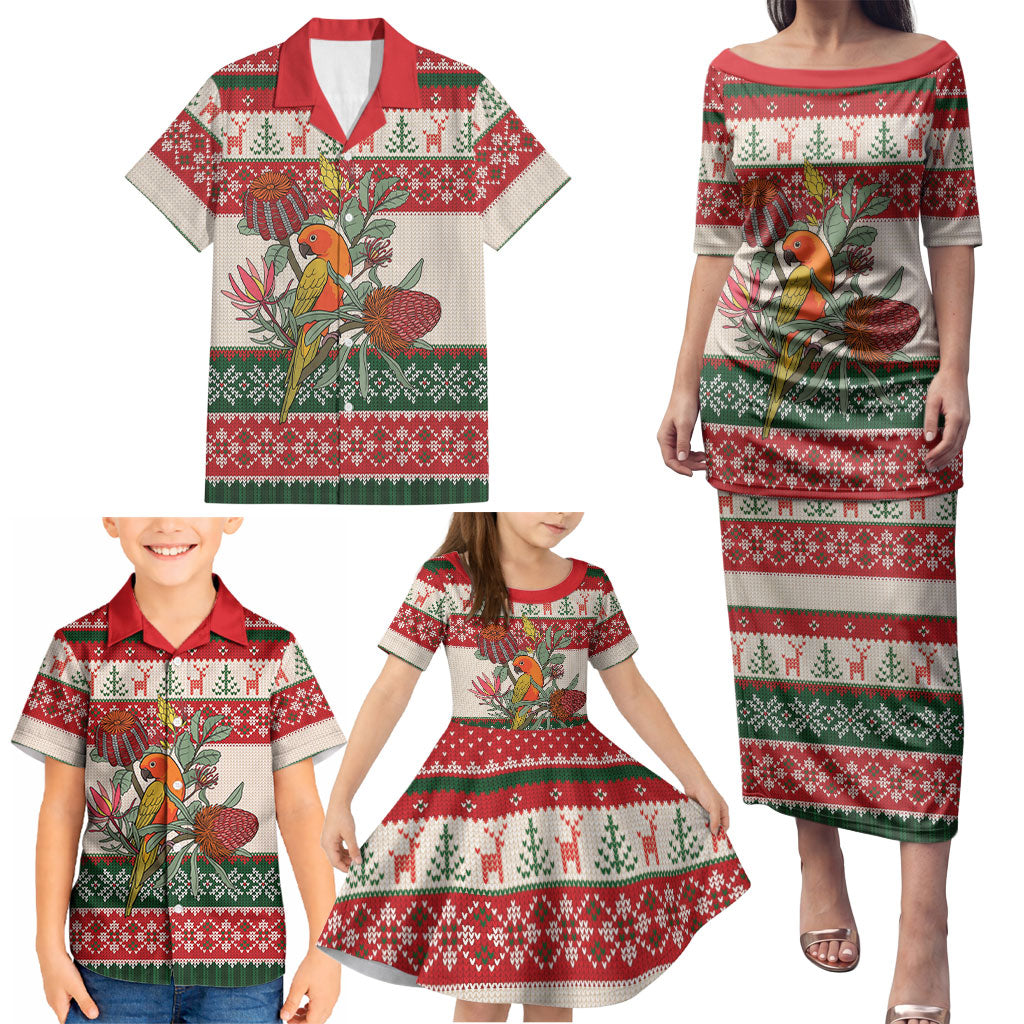 Aussie Sun Parakeet Christmas Family Matching Puletasi and Hawaiian Shirt Festive Knitted Pattern Inspired