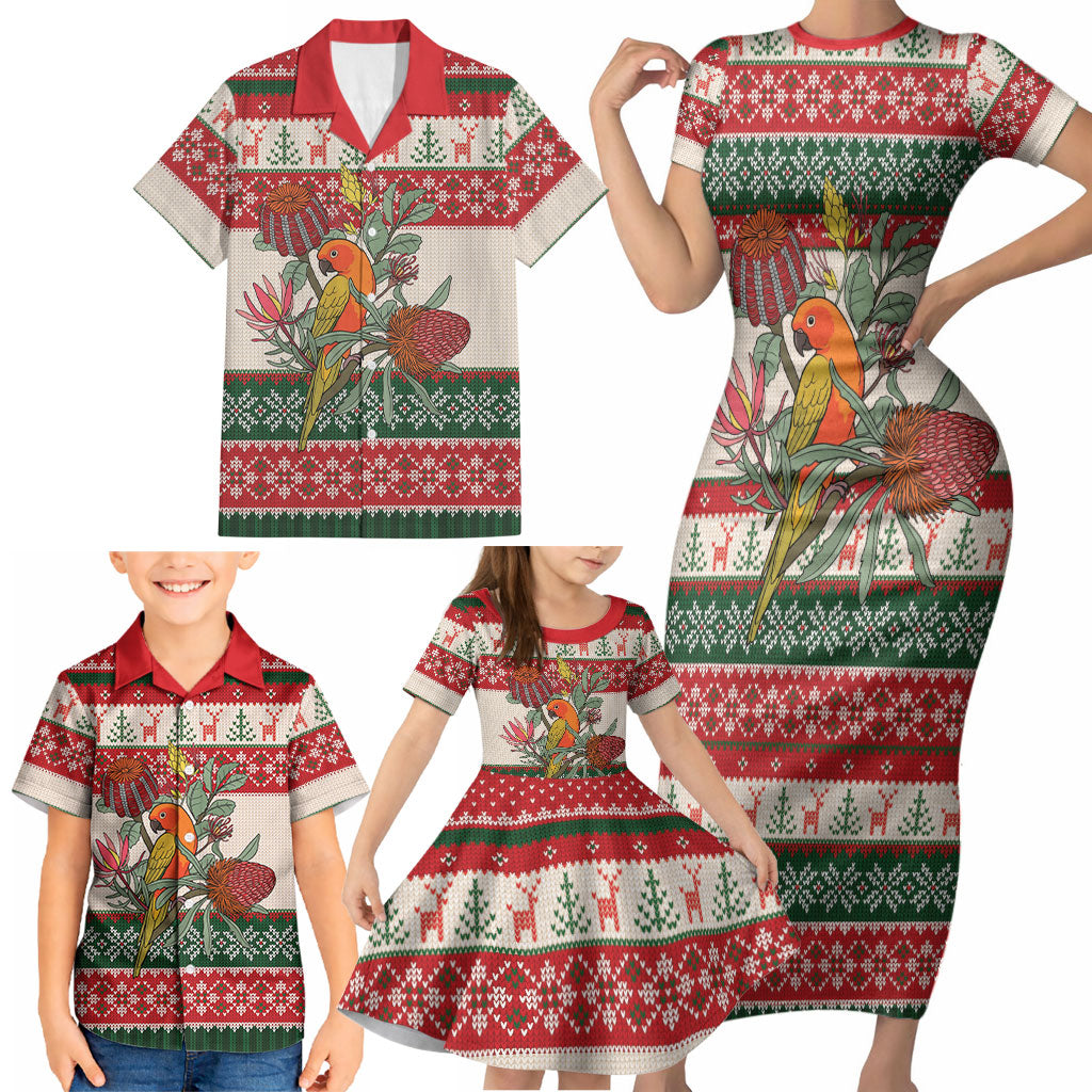 Aussie Sun Parakeet Christmas Family Matching Short Sleeve Bodycon Dress and Hawaiian Shirt Festive Knitted Pattern Inspired