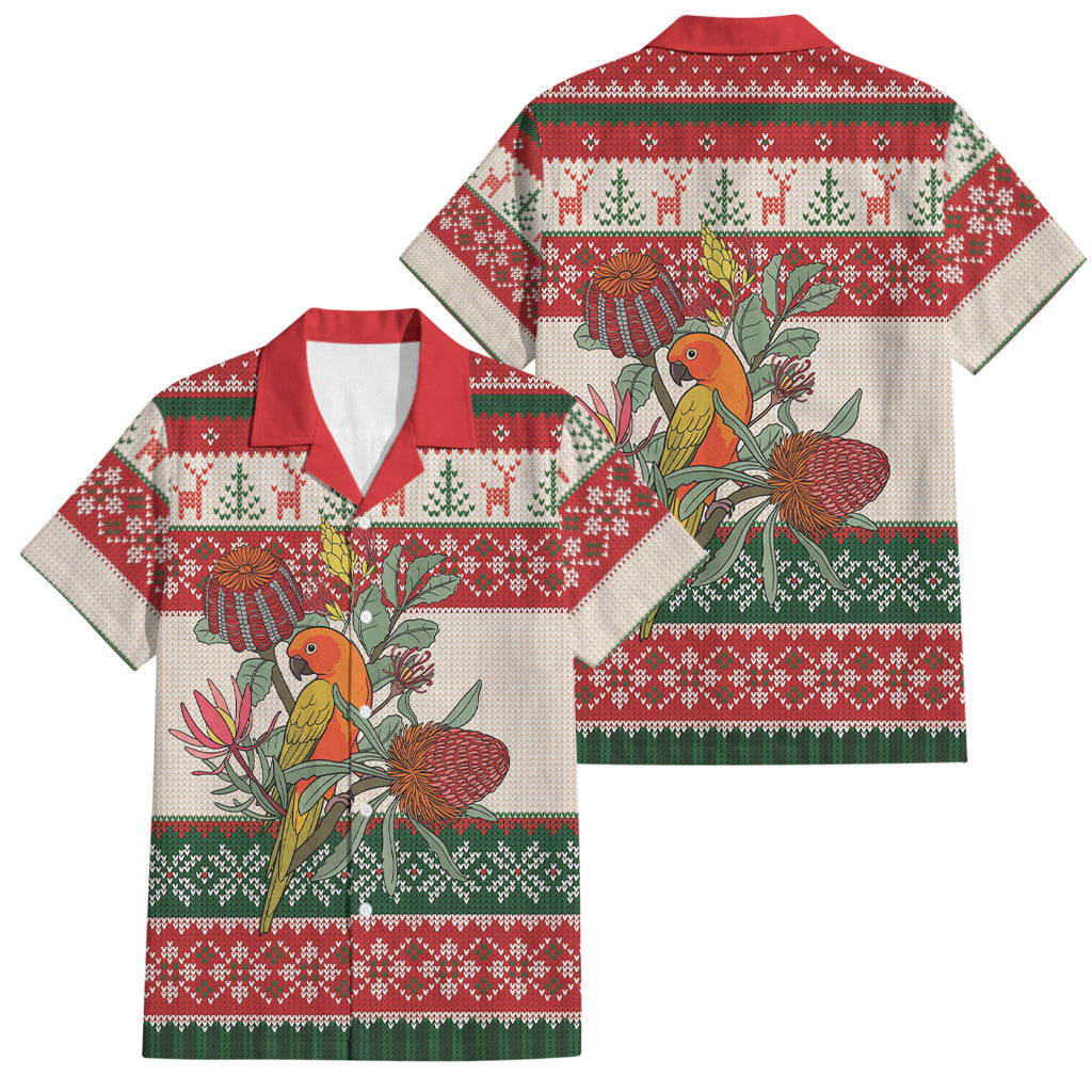 Aussie Sun Parakeet Christmas Family Matching Short Sleeve Bodycon Dress and Hawaiian Shirt Festive Knitted Pattern Inspired