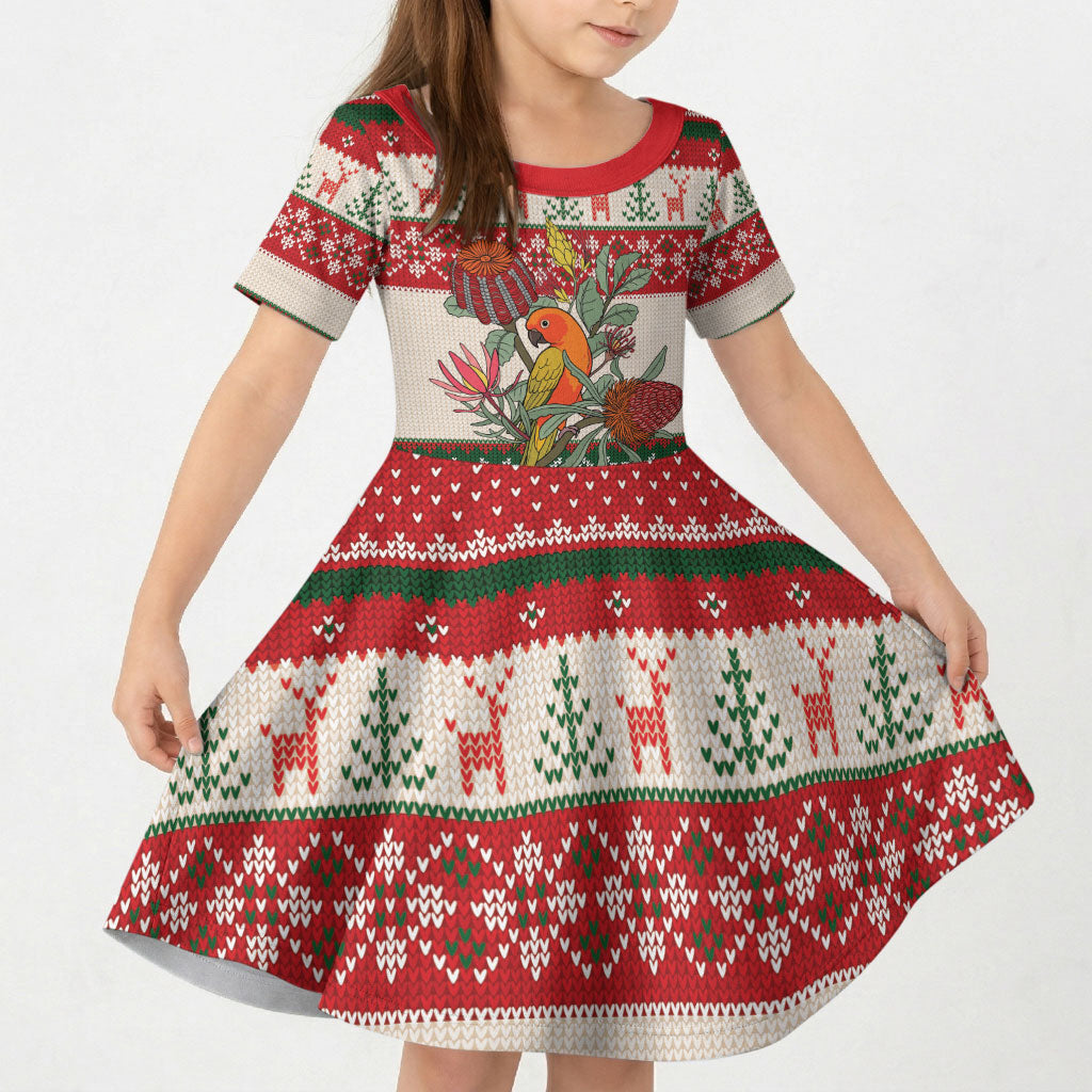 Aussie Sun Parakeet Christmas Kid Short Sleeve Dress Festive Knitted Pattern Inspired