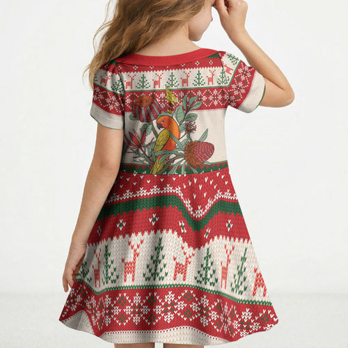 Aussie Sun Parakeet Christmas Kid Short Sleeve Dress Festive Knitted Pattern Inspired