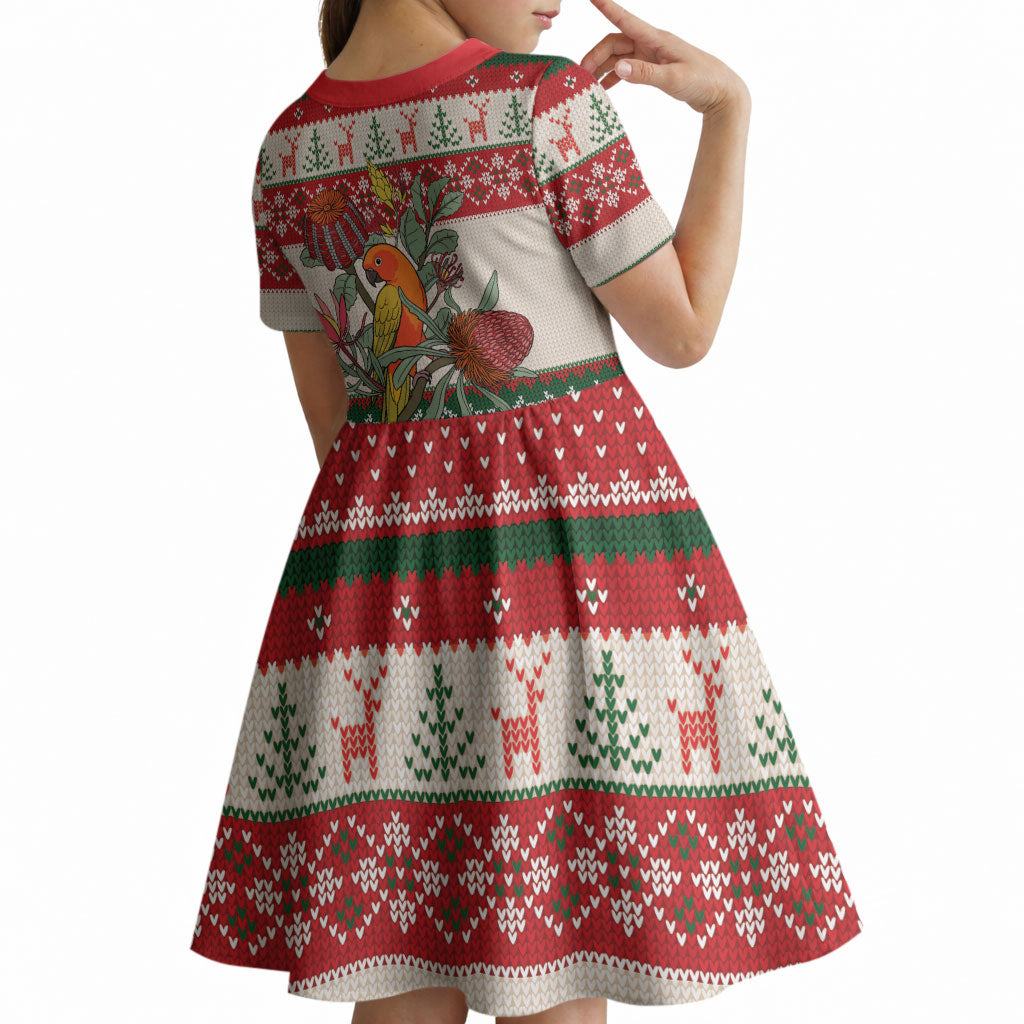 Aussie Sun Parakeet Christmas Kid Short Sleeve Dress Festive Knitted Pattern Inspired