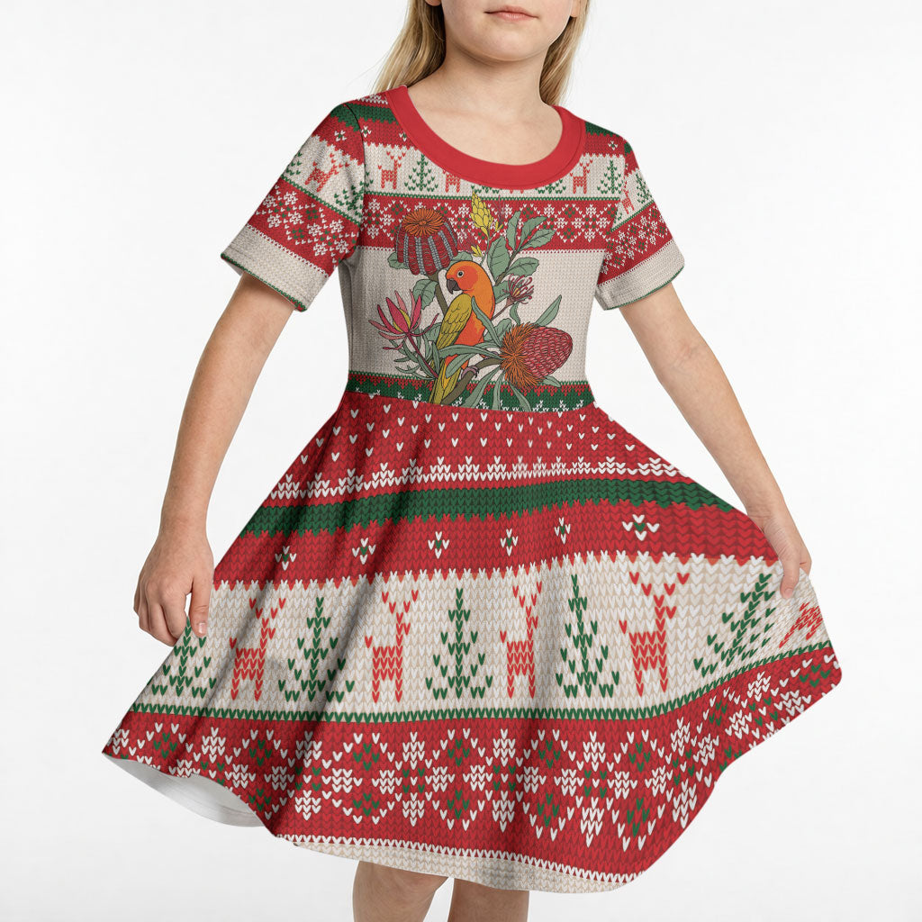 Aussie Sun Parakeet Christmas Kid Short Sleeve Dress Festive Knitted Pattern Inspired