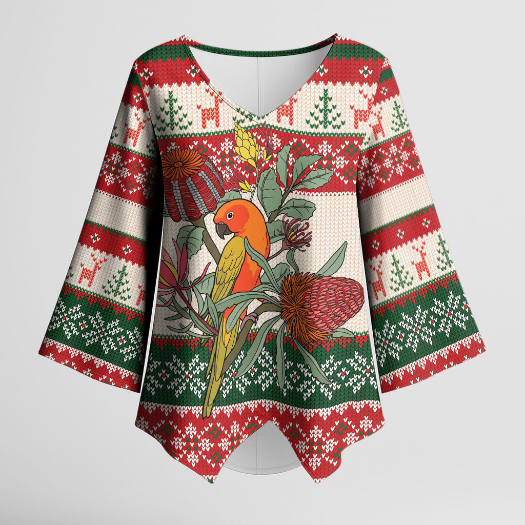 Aussie Sun Parakeet Christmas Kimono Sleeve Blouse Festive Knitted Pattern Inspired