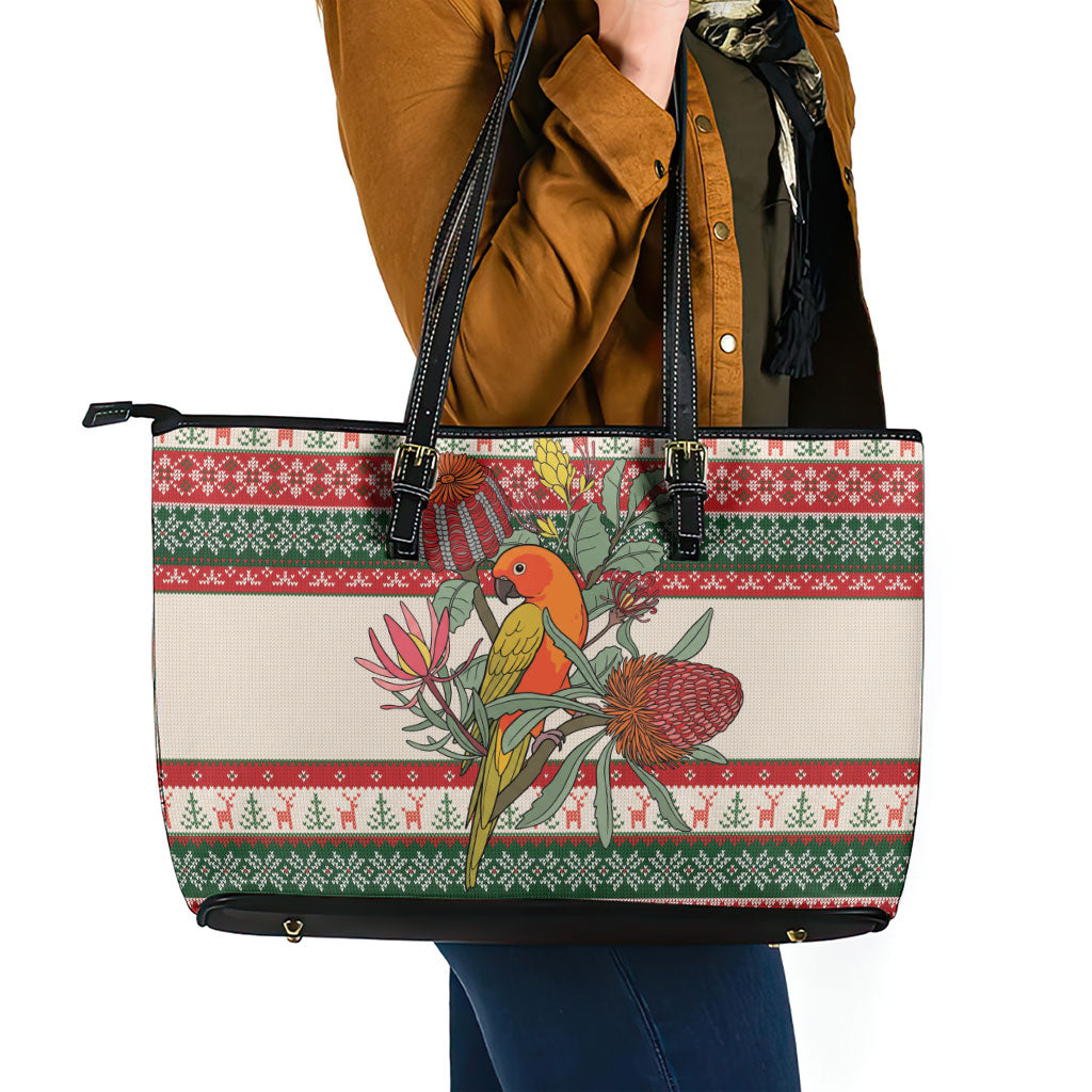 Aussie Sun Parakeet Christmas Leather Tote Bag Festive Knitted Pattern Inspired