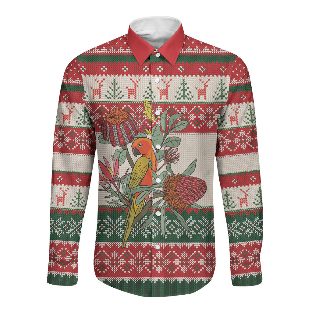 Aussie Sun Parakeet Christmas Long Sleeve Button Shirt Festive Knitted Pattern Inspired