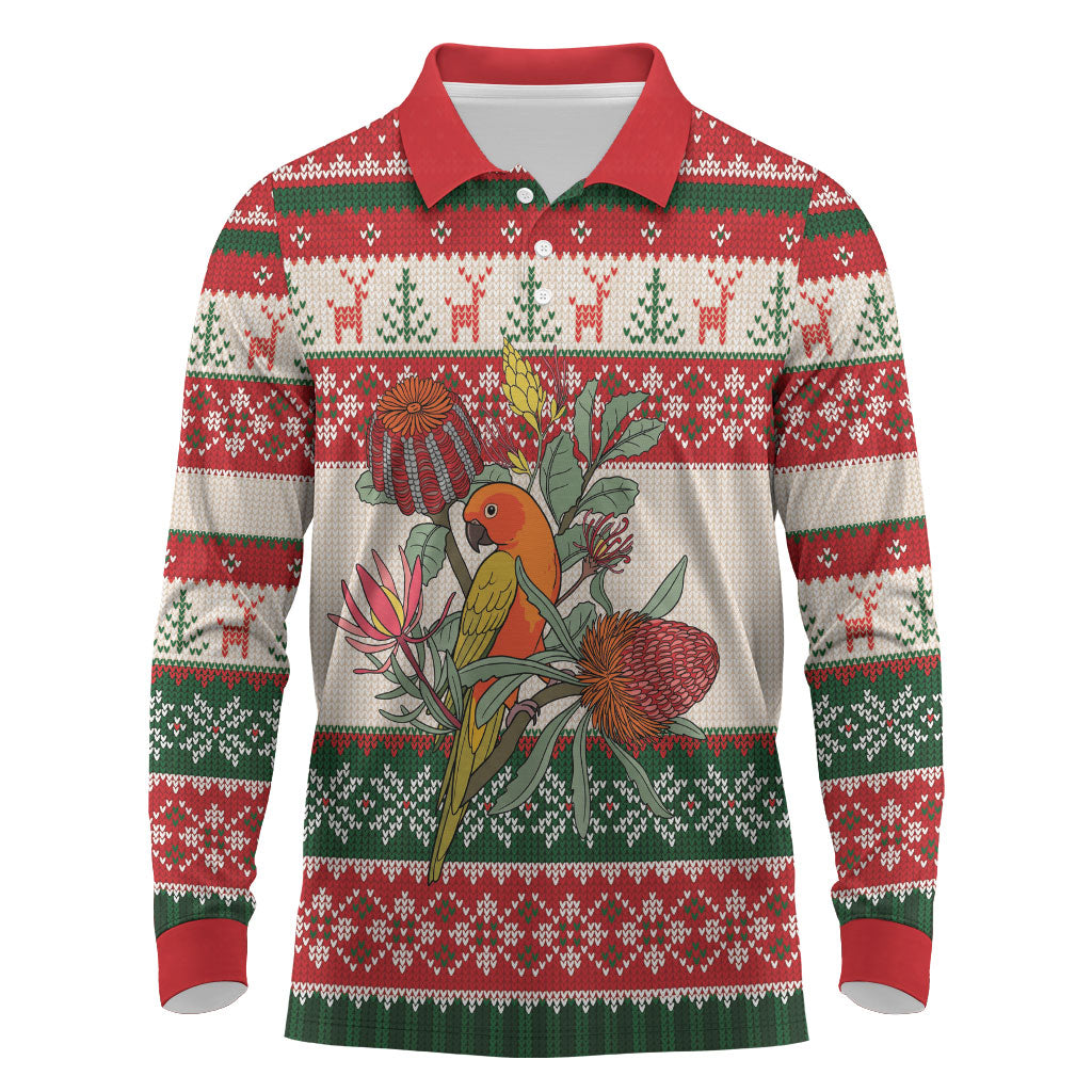 Aussie Sun Parakeet Christmas Long Sleeve Polo Shirt Festive Knitted Pattern Inspired
