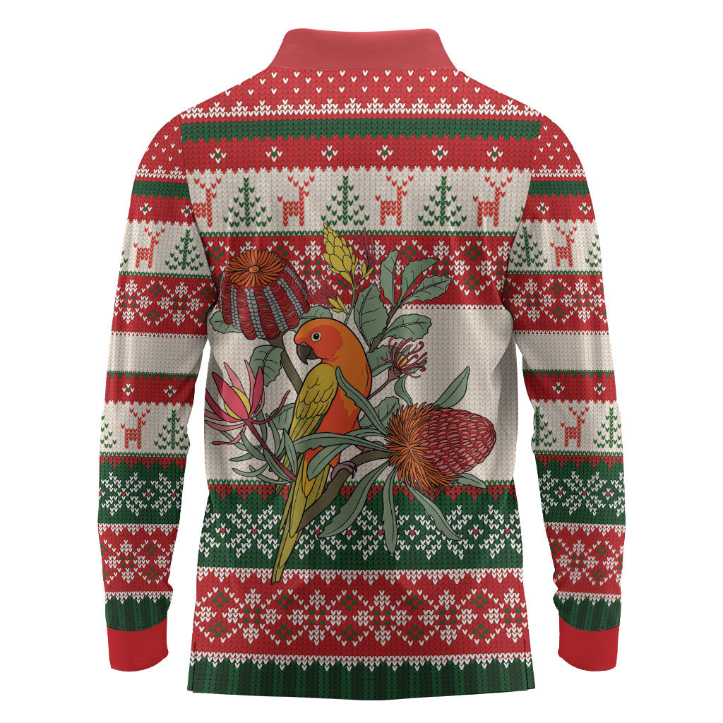 Aussie Sun Parakeet Christmas Long Sleeve Polo Shirt Festive Knitted Pattern Inspired