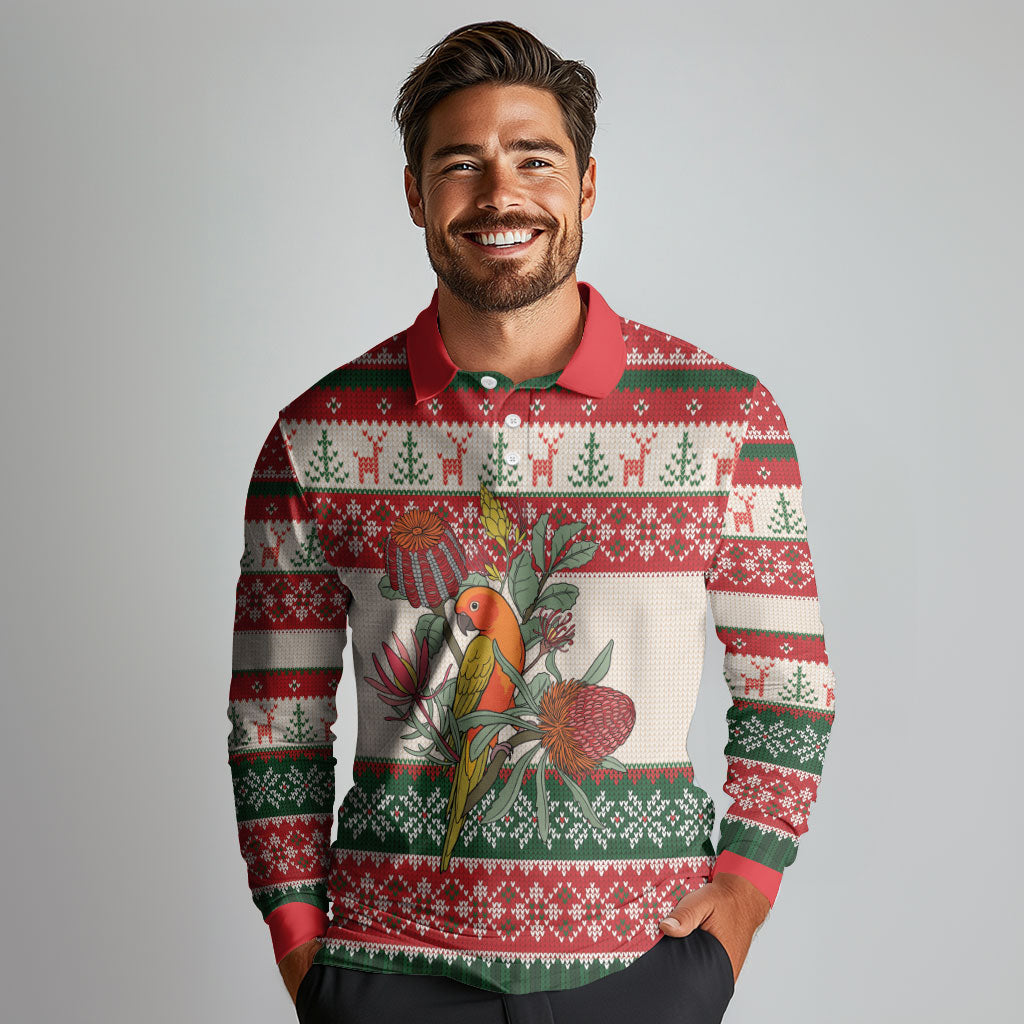 Aussie Sun Parakeet Christmas Long Sleeve Polo Shirt Festive Knitted Pattern Inspired