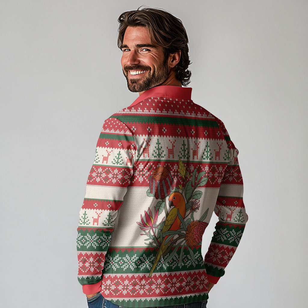 Aussie Sun Parakeet Christmas Long Sleeve Polo Shirt Festive Knitted Pattern Inspired