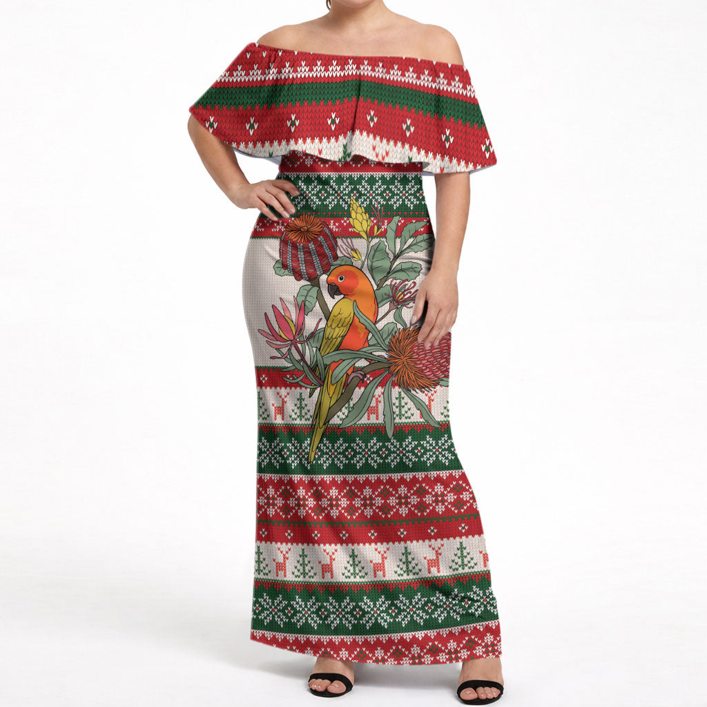 Aussie Sun Parakeet Christmas Off Shoulder Maxi Dress Festive Knitted Pattern Inspired