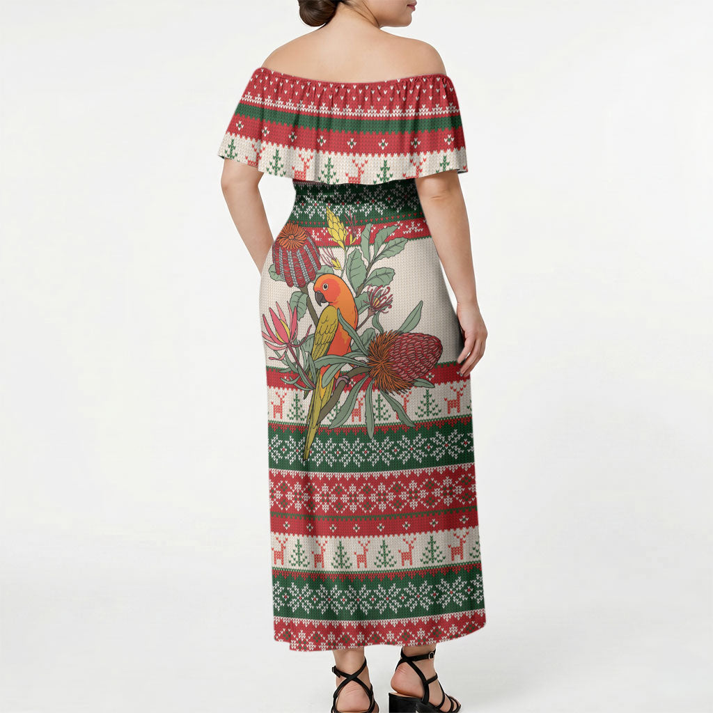 Aussie Sun Parakeet Christmas Off Shoulder Maxi Dress Festive Knitted Pattern Inspired