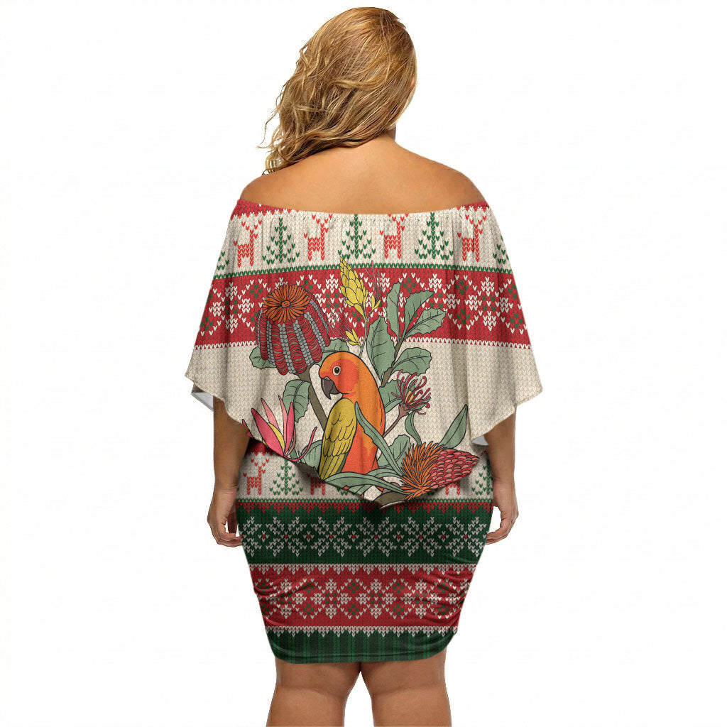 Aussie Sun Parakeet Christmas Off Shoulder Short Dress Festive Knitted Pattern Inspired