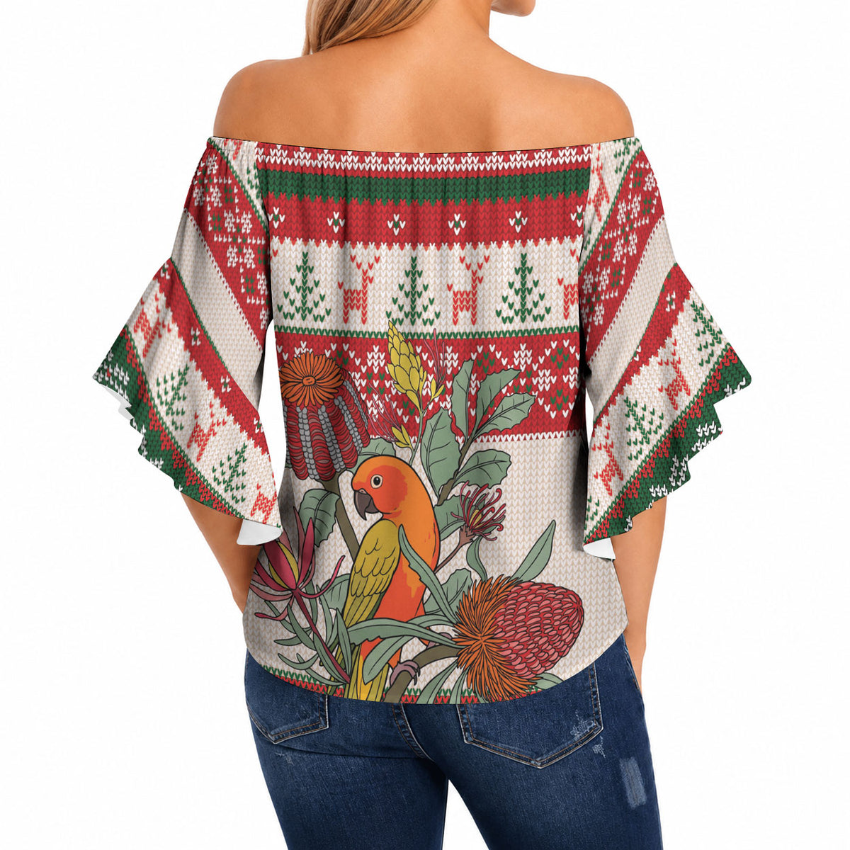 Aussie Sun Parakeet Christmas Off Shoulder Wrap Waist Top Festive Knitted Pattern Inspired