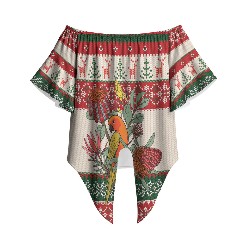 Aussie Sun Parakeet Christmas Off Shoulder Wrap Waist Top Festive Knitted Pattern Inspired