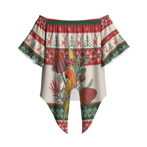 Aussie Sun Parakeet Christmas Off Shoulder Wrap Waist Top Festive Knitted Pattern Inspired