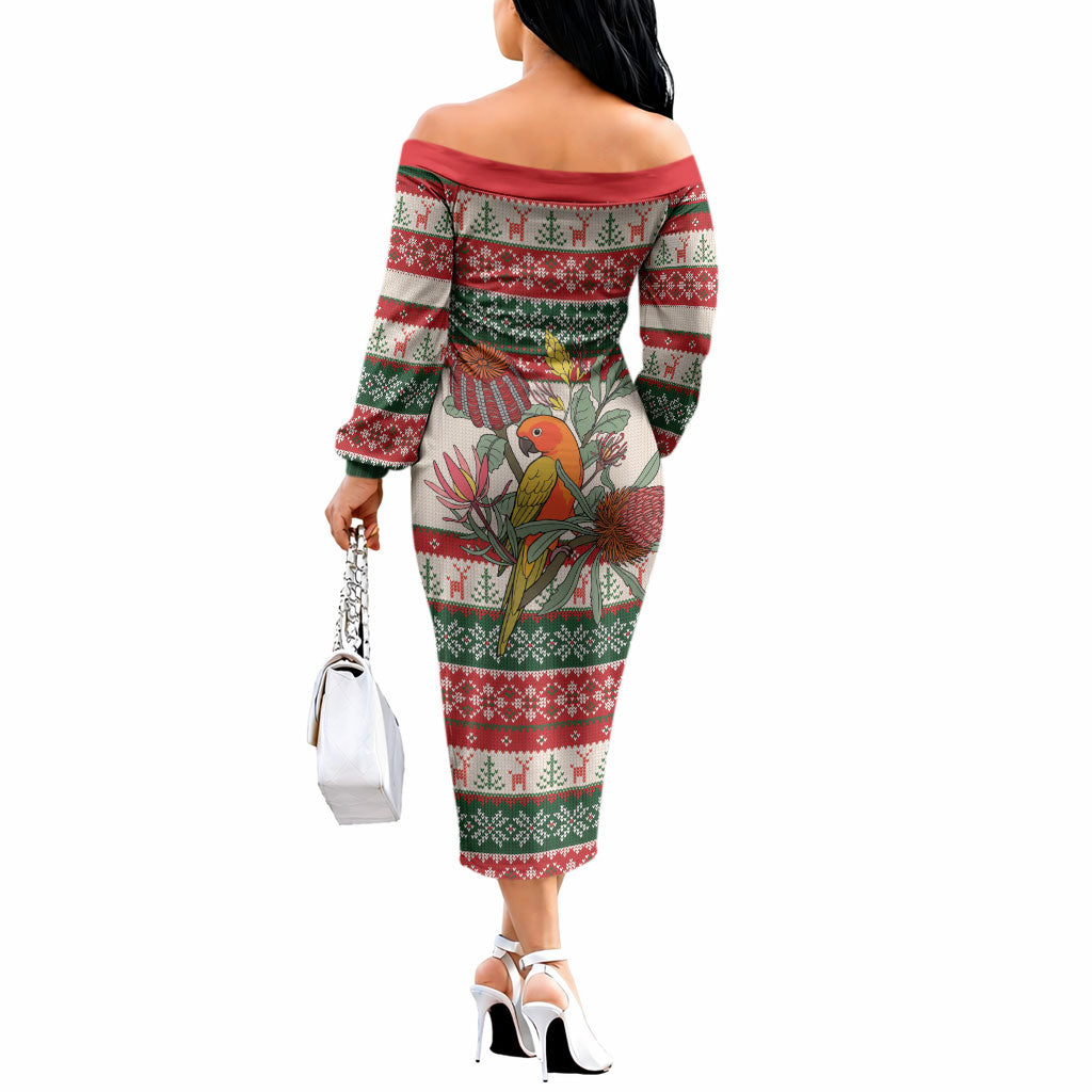 Aussie Sun Parakeet Christmas Off The Shoulder Long Sleeve Dress Festive Knitted Pattern Inspired