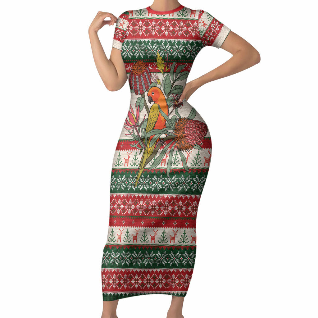 Aussie Sun Parakeet Christmas Short Sleeve Bodycon Dress Festive Knitted Pattern Inspired