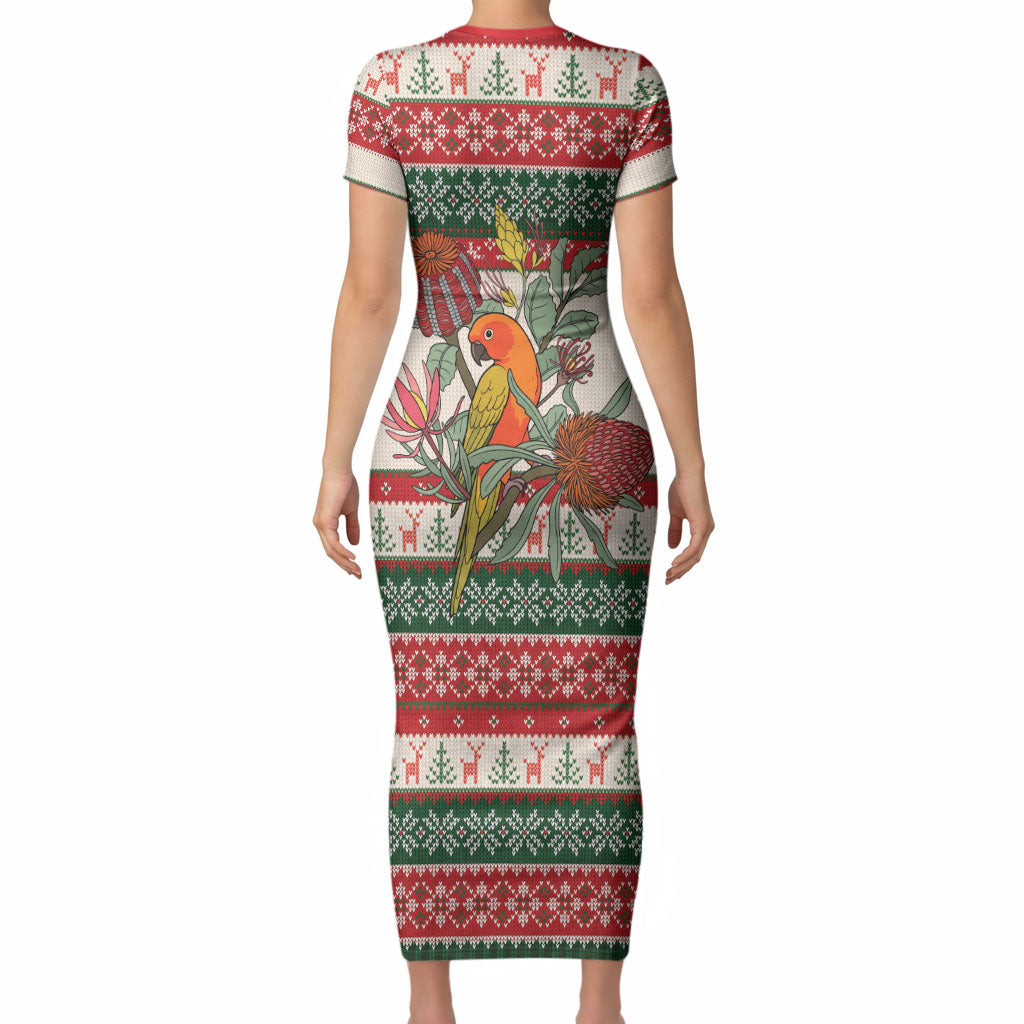 Aussie Sun Parakeet Christmas Short Sleeve Bodycon Dress Festive Knitted Pattern Inspired