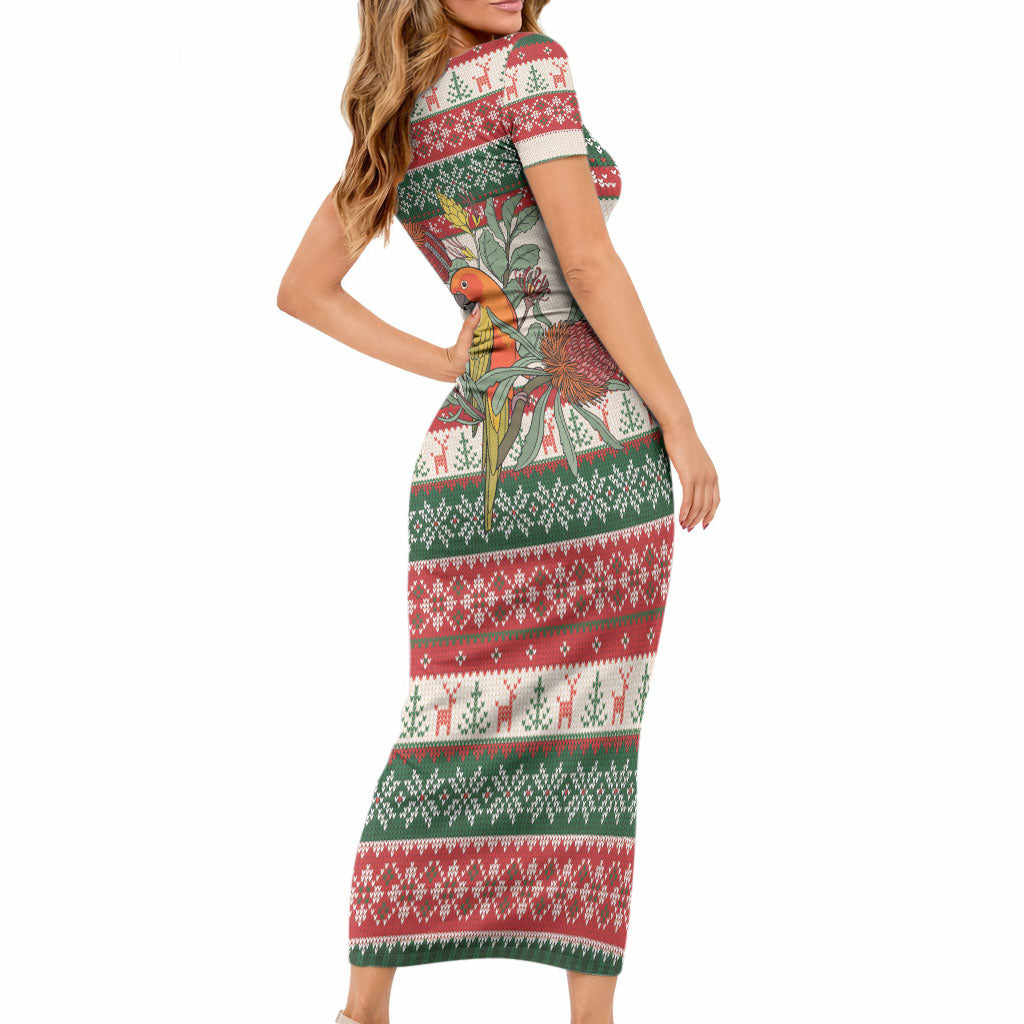 Aussie Sun Parakeet Christmas Short Sleeve Bodycon Dress Festive Knitted Pattern Inspired