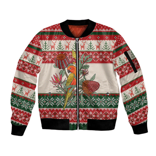 Aussie Sun Parakeet Christmas Sleeve Zip Bomber Jacket Festive Knitted Pattern Inspired