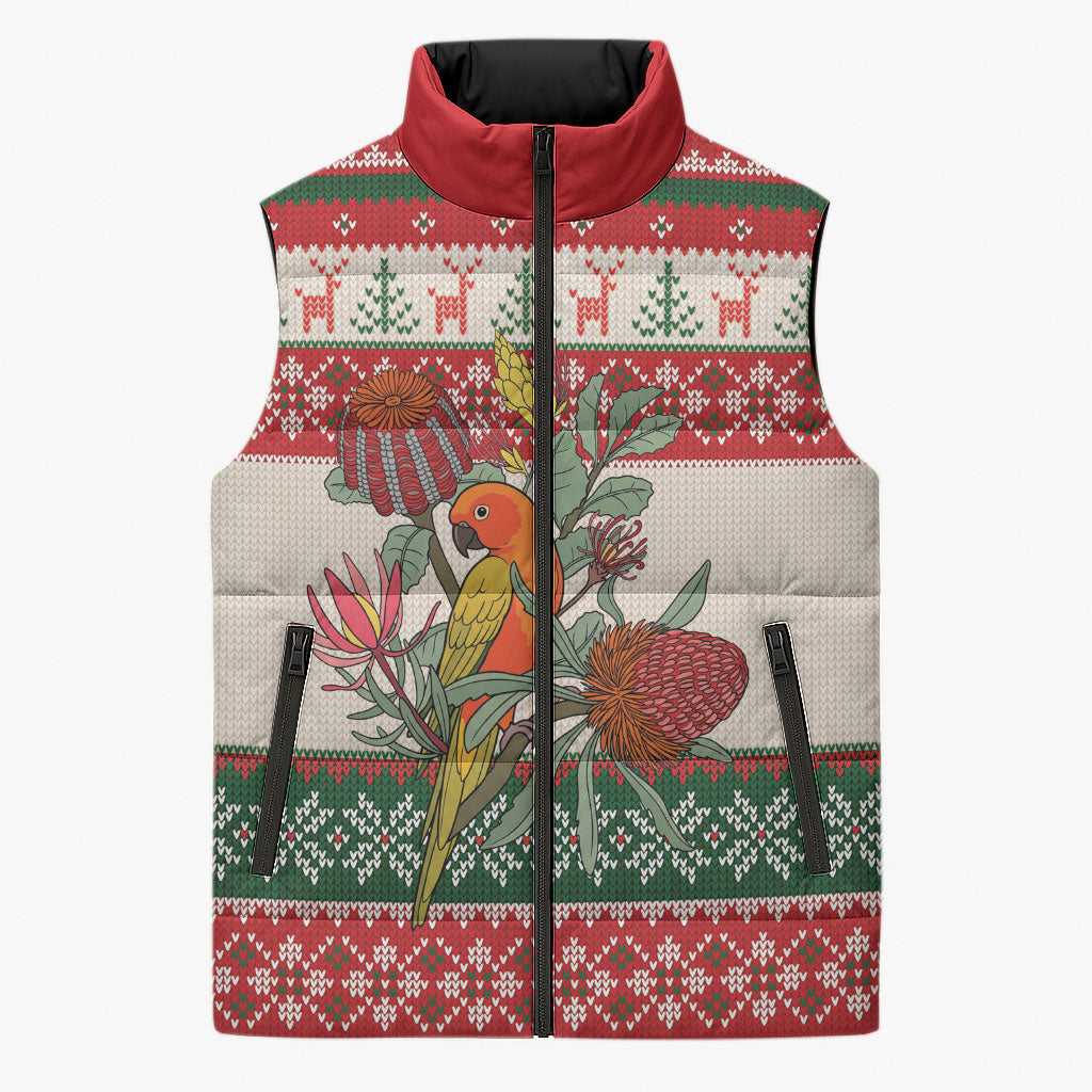 Aussie Sun Parakeet Christmas Sleeveless Puffer Jacket Festive Knitted Pattern Inspired