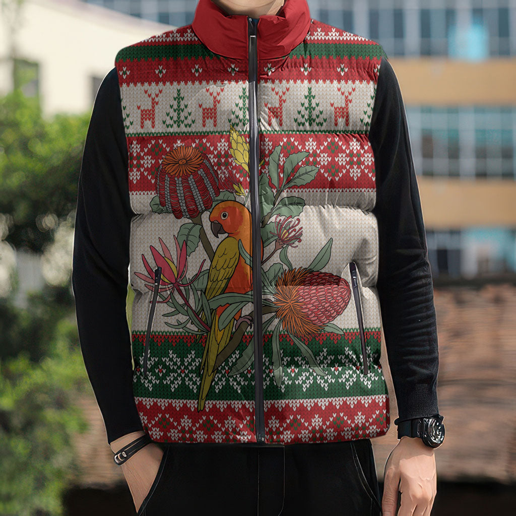 Aussie Sun Parakeet Christmas Sleeveless Puffer Jacket Festive Knitted Pattern Inspired