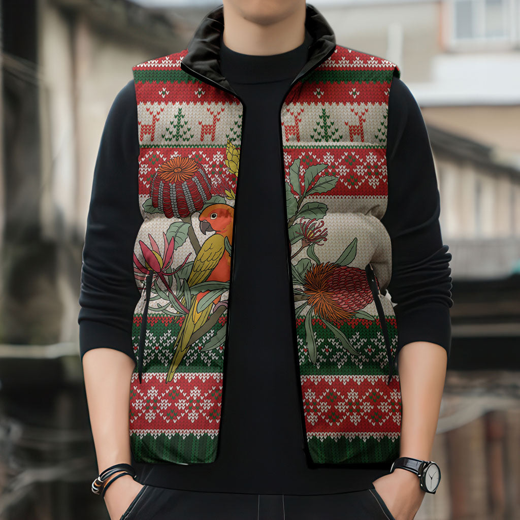 Aussie Sun Parakeet Christmas Sleeveless Puffer Jacket Festive Knitted Pattern Inspired