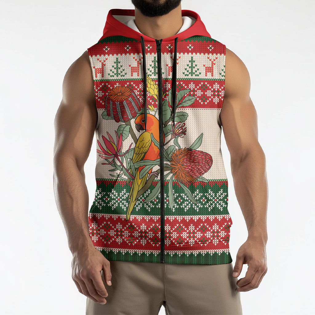 Aussie Sun Parakeet Christmas Sleeveless Zip Hoodie Festive Knitted Pattern Inspired