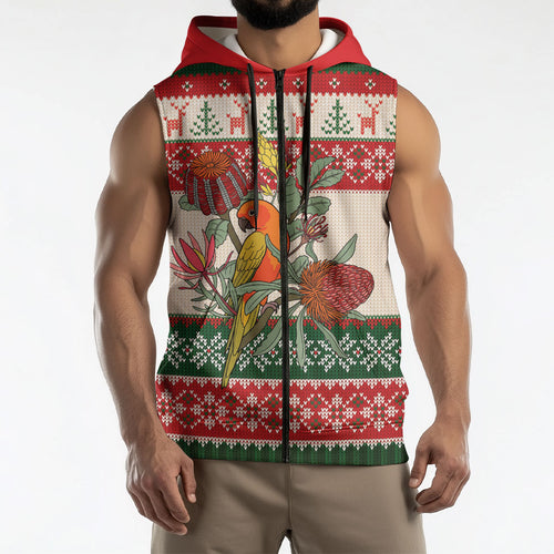 Aussie Sun Parakeet Christmas Sleeveless Zip Hoodie Festive Knitted Pattern Inspired