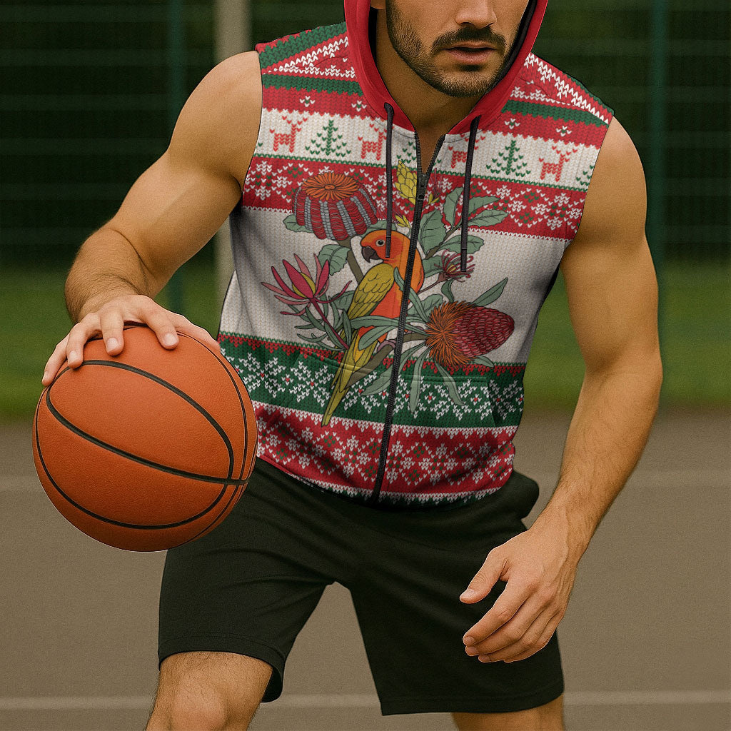 Aussie Sun Parakeet Christmas Sleeveless Zip Hoodie Festive Knitted Pattern Inspired