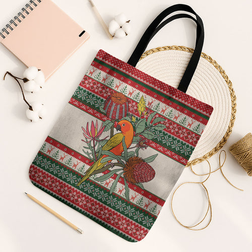 Aussie Sun Parakeet Christmas Tote Bag Festive Knitted Pattern Inspired