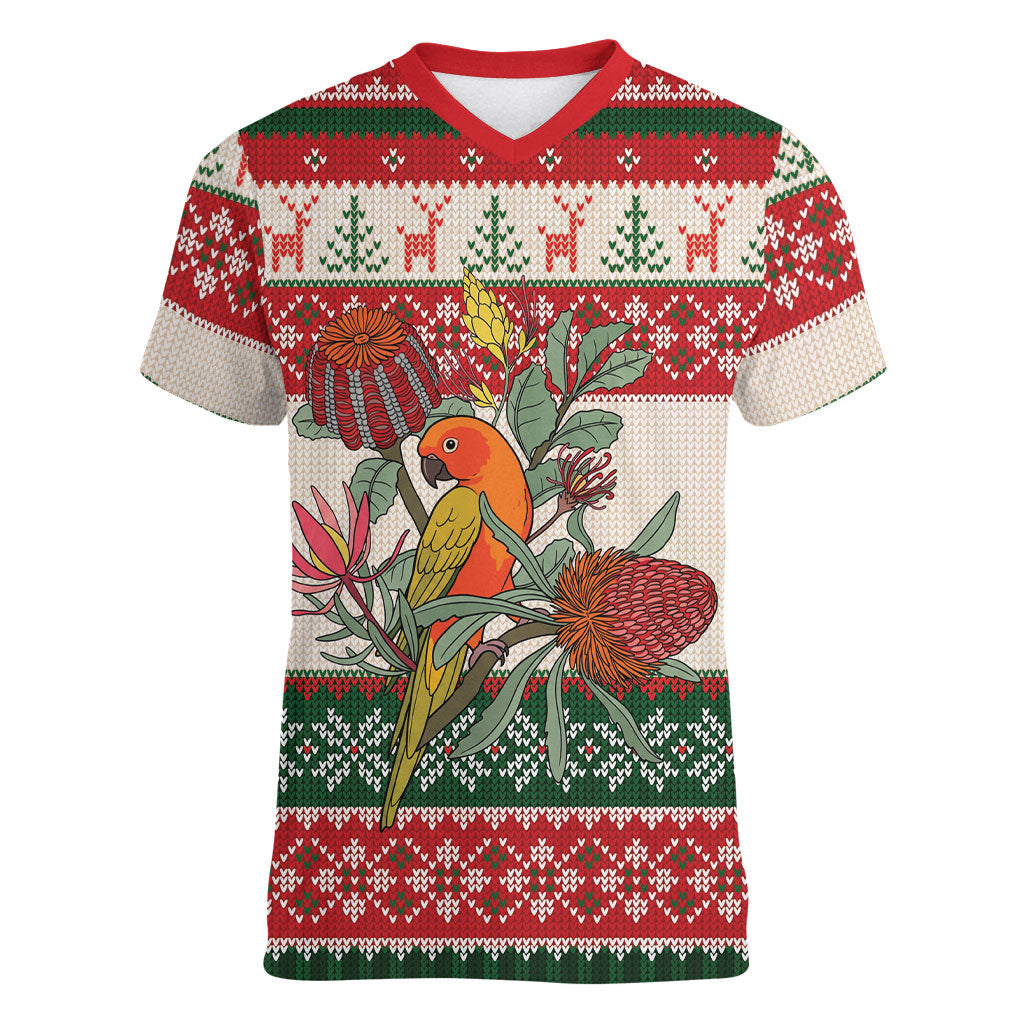 Aussie Sun Parakeet Christmas Women V-Neck T-Shirt Festive Knitted Pattern Inspired